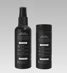 Black spray bottle and container with 'Built on Brotherhood' branding on a gray background