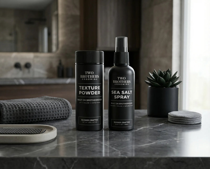 Two Brothers Grooming products on a bathroom counter with a blurred background